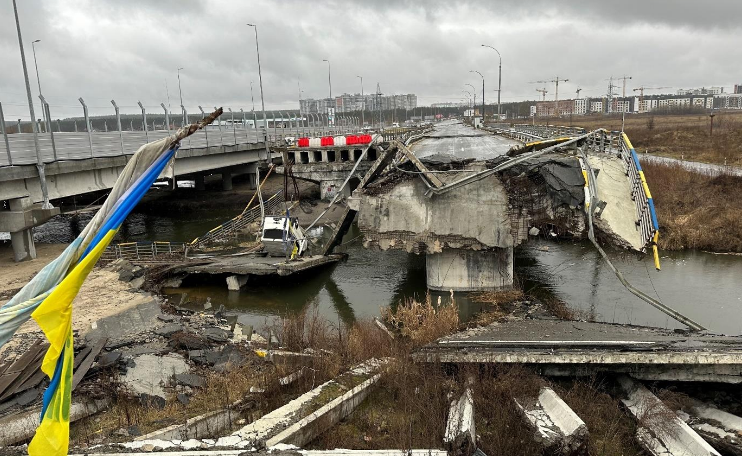 A destroyed bridge near Irpin